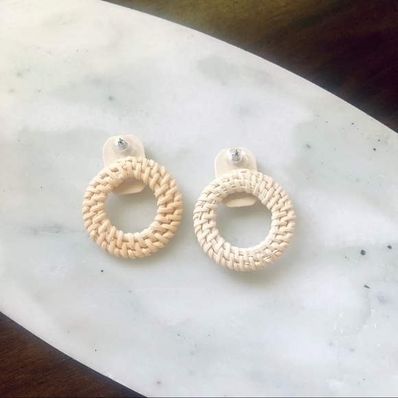 Rattan Natural Wooden Stud Hoop Earrings - Picture 3 of 6